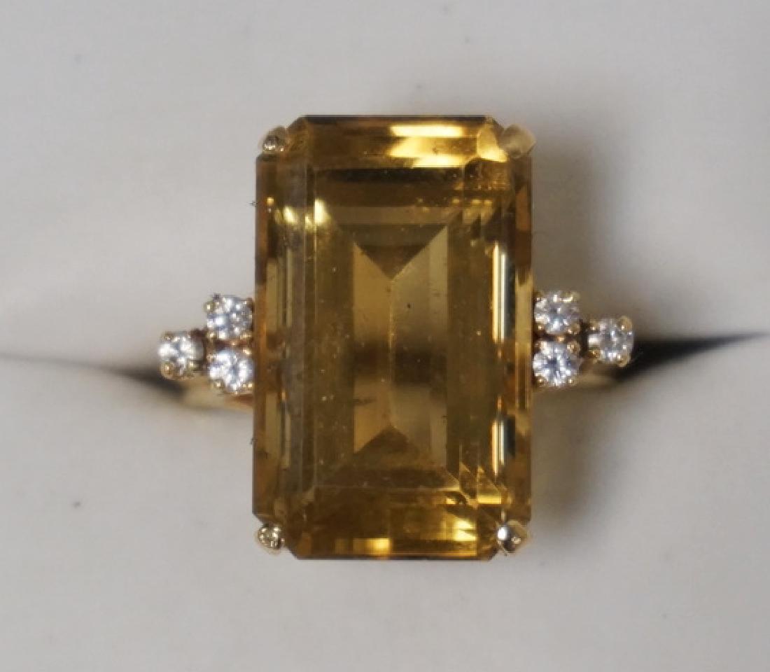 14K GOLD CITRENE & DIAMOND RING HAVING A LARGE EMERALD (1 of 2)