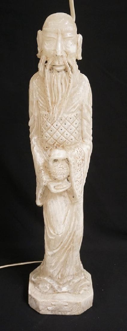 ASIAN CARVED STONE FIGURAL LAMP. LARGE AND VERY HEAVY. (1 of 4)