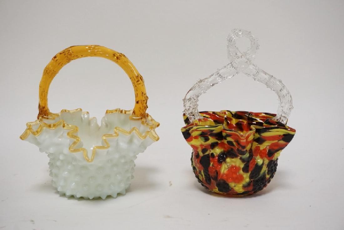 LOT OF 2 BOHEMIAN GLASS BASKETS. APPLIED THORN HANDLES.: LOT OF 2 BOHEMIAN GLASS BASKETS. APPLIED THORN HANDLES. THE SPATTER BASKET IS BY FRANZ WELZ, C. 1925. TALLEST IS 7 INCHES.