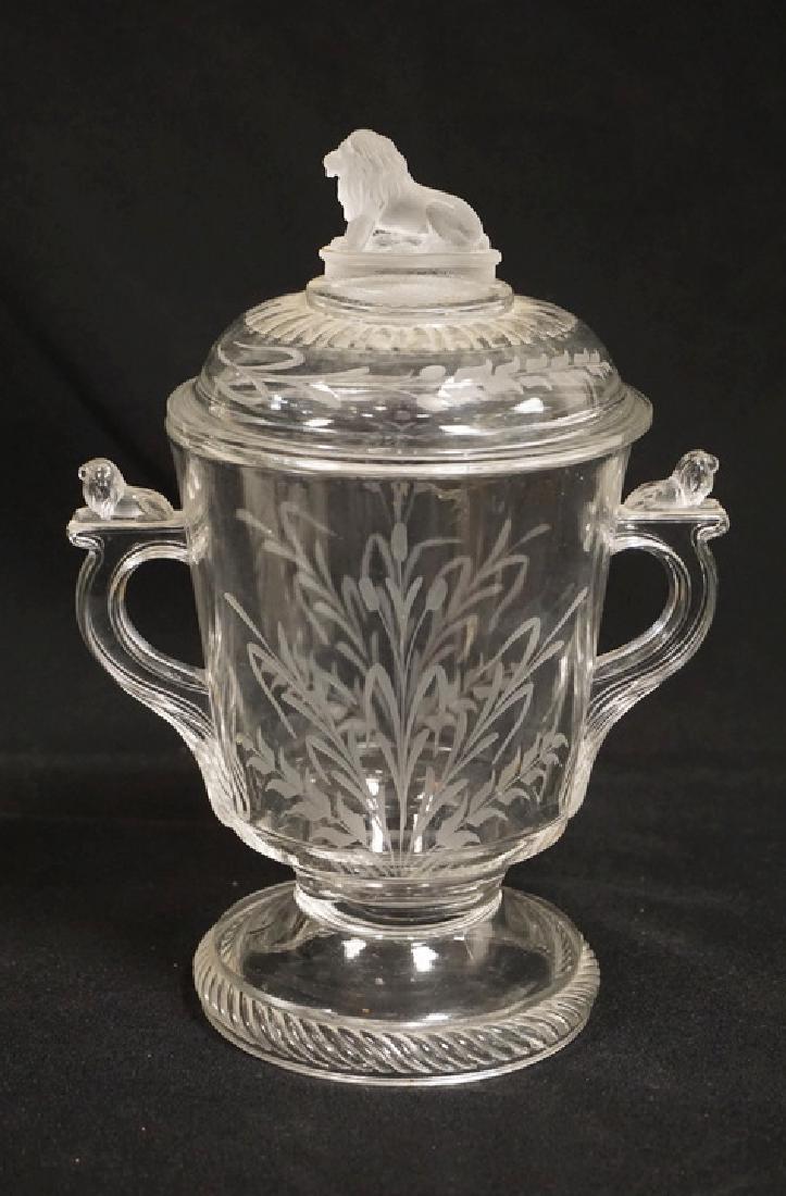 EARLY AMERICAN PATTERN GLASS COVERED JAR WITH ETCHED (1 of 4)