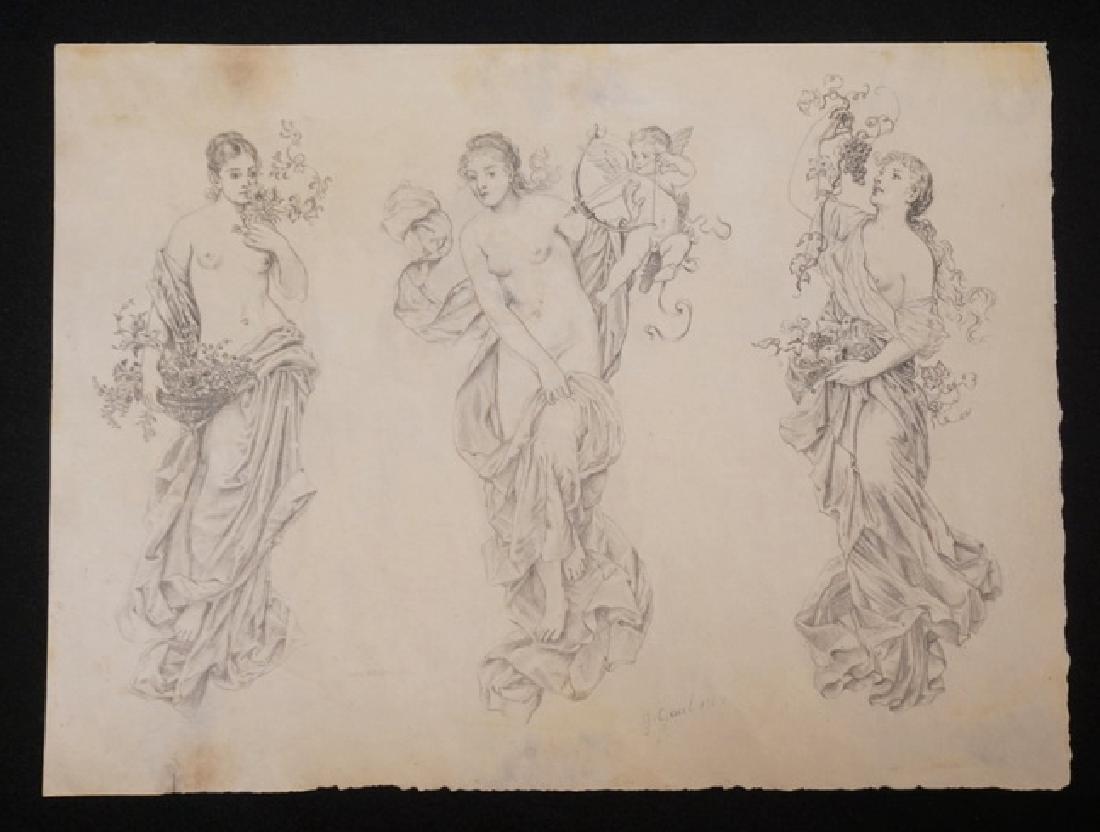 GUSTAV GAUL (AUSTRIAN, 1836-1888). PENCIL DRAWING OF: GUSTAV GAUL (AUSTRIAN, 1836-1888). PENCIL DRAWING OF THREE ALLEGORICAN FEMALES, PROIBABLY FLORA, LOVE & WINE. 198 X 270 MM. SIGNED AND DATED 1864.
