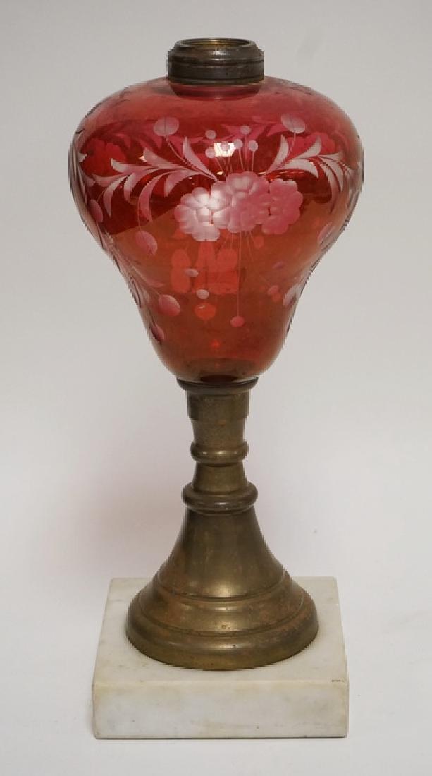 ANTIQUE WHEEL CUT RUBY GLASS OIL LAMP WITH A BRASS AND (1 of 2)