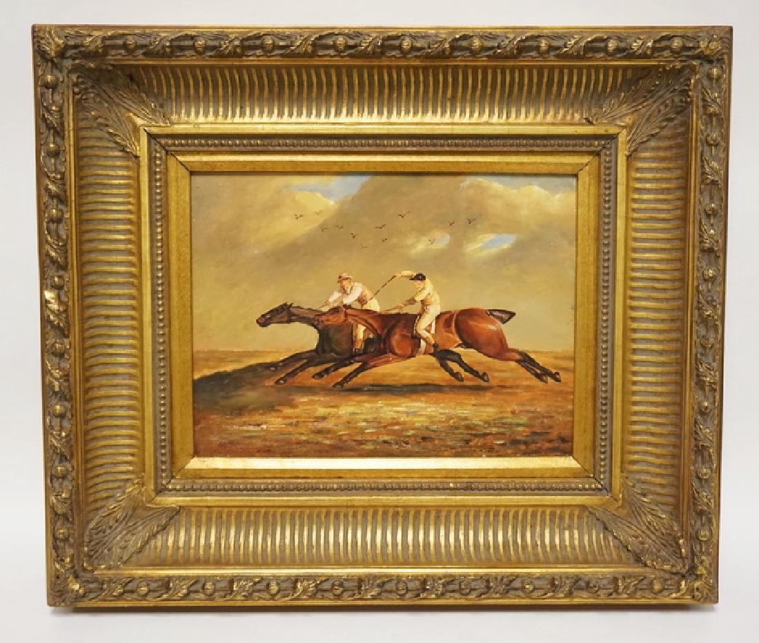 OIL PAINTING ON BOARD OF TWO HORSES W/JOCKEYS. 15 1/2 X (1 of 2)