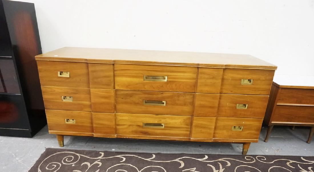 JOHN WIDDICOMB 9 DRW MODERN CHEST WITH INSET BRASS: JOHN WIDDICOMB 9 DRW MODERN CHEST WITH INSET BRASS PULLS. HAS SOME VENIR DAMAGE. 70 IN WIDE, 32 IN H