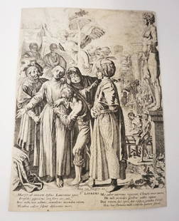 PIETER CLAESZ. SOUTMAN (1580-17670 *THE MARTYRDOM OF ST: PIETER CLAESZ. SOUTMAN (1580-17670 *THE MARTYRDOM OF ST LAWRENCE* AFTER ADAM ELSHEIMER. PRINT IS BACKED TO REENFORCE A TEAR ON THE RIGHT EDGE. 8 1/4 IN X 11 7/8 IN