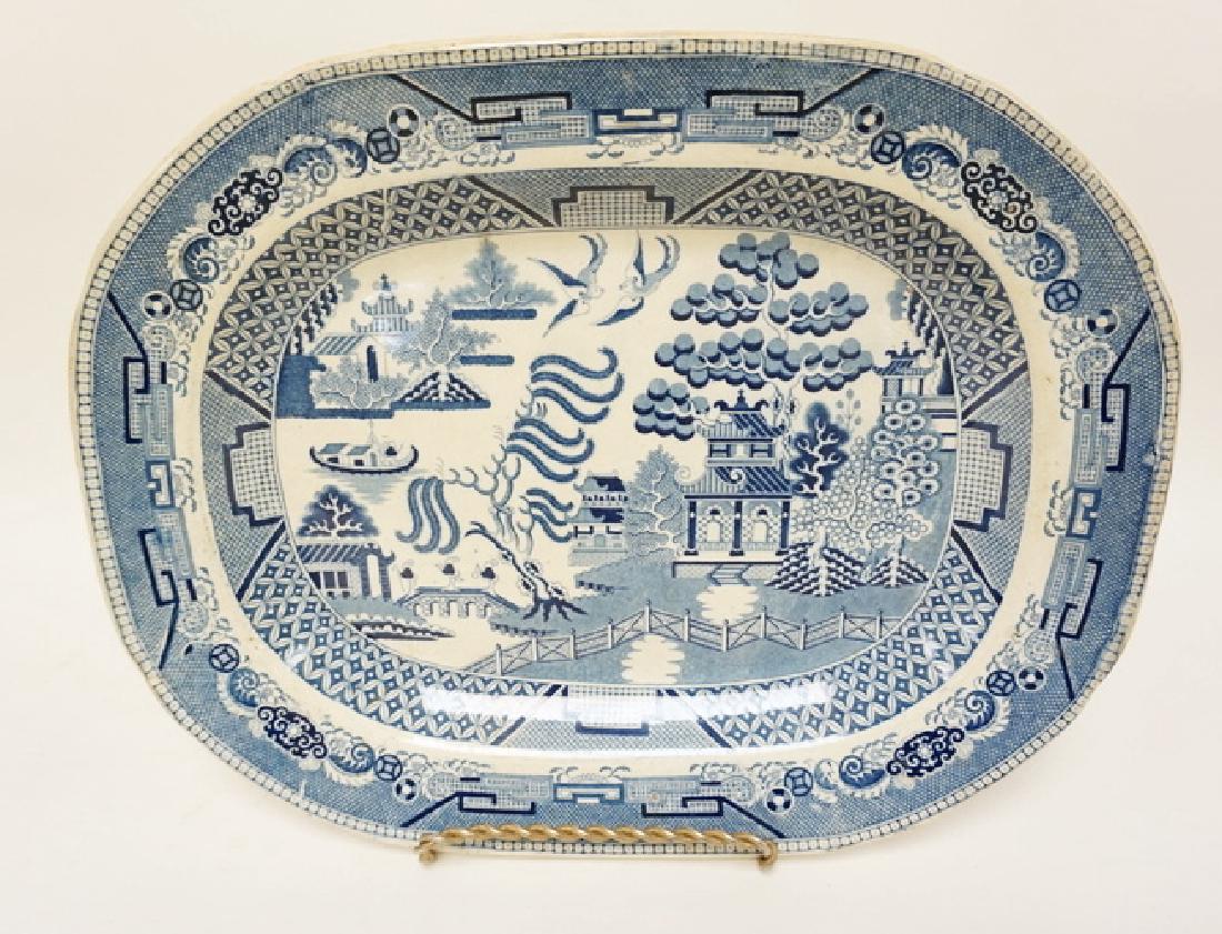 ANTIQUE STAFFORDSHIRE BLUE WILLOW PLATTER. 17 7/8 IN X (1 of 1)