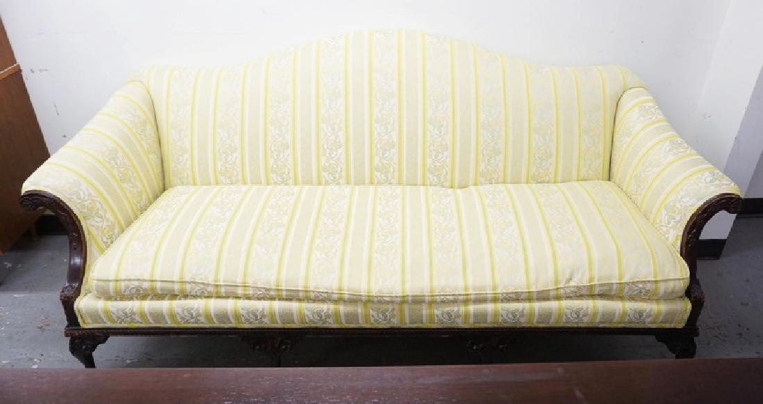 SOFA WITH A CARVED MAHOGANY FRAME AND BROCADE: SOFA WITH A CARVED MAHOGANY FRAME AND BROCADE UPHOLSTERY.