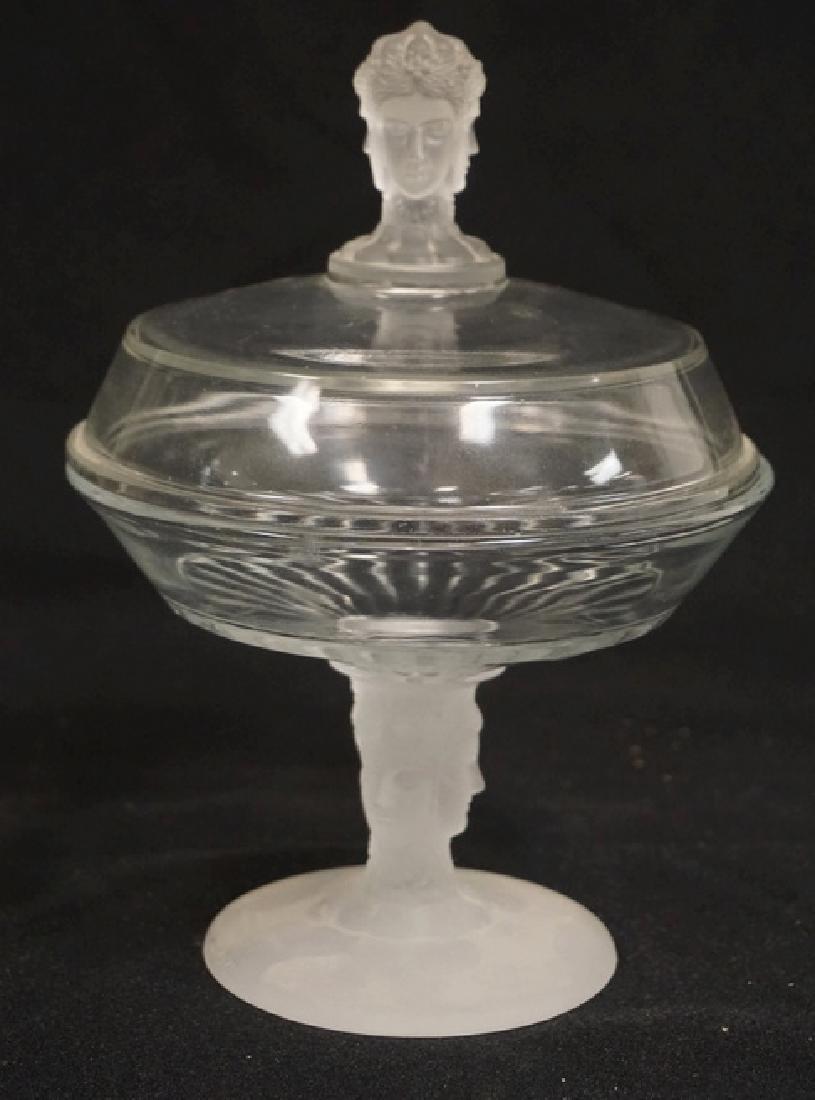 PATTERN GLASS THREE FACE COVERED CANDY DISH. 8 1/2 (1 of 2)
