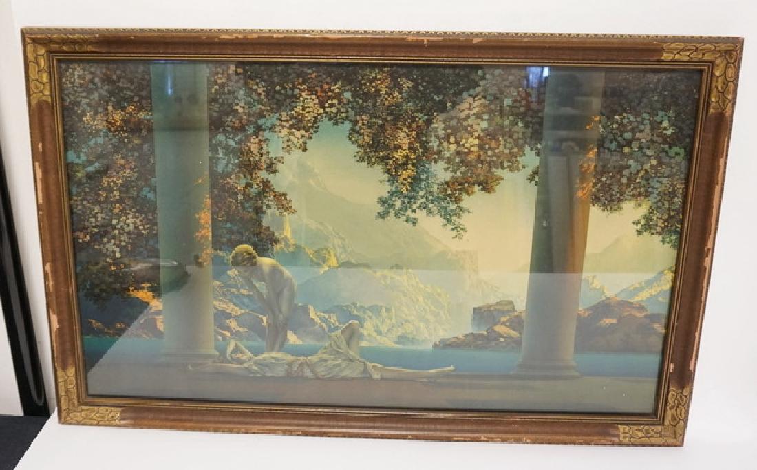 MAXFIELD PARRISH LARGE DAYBREAK. ORIGINAL PRINT AND: MAXFIELD PARRISH LARGE DAYBREAK. ORIGINAL PRINT AND FRAME. SOME PAINT LOSS ON THE FRAME. 18 IN X 30 IN
