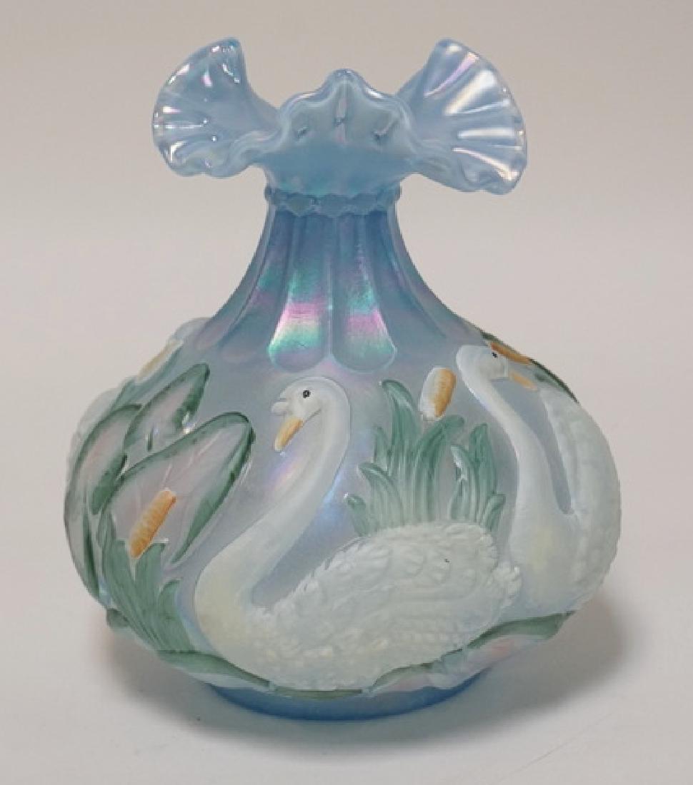 FENTON CARNIVAL GLASS SWAN VASE WITH LILY PADS. SIGNED
