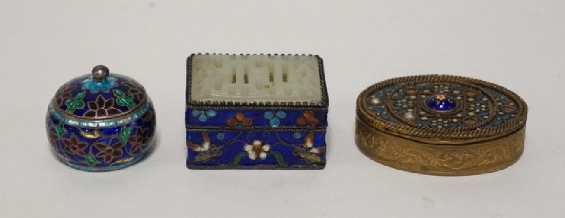 LOT OF 3 ENAMEL DECORATED PILL BOXES. LARGEST IS 1 7/8 (1 of 2)