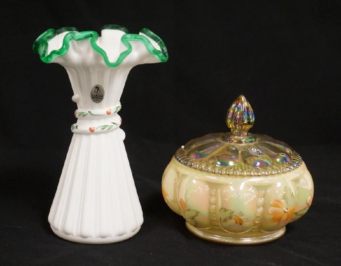 2 PIECE S OF HAND PAINTED FENTON. A VASE MEASURING 7 (1 of 2)