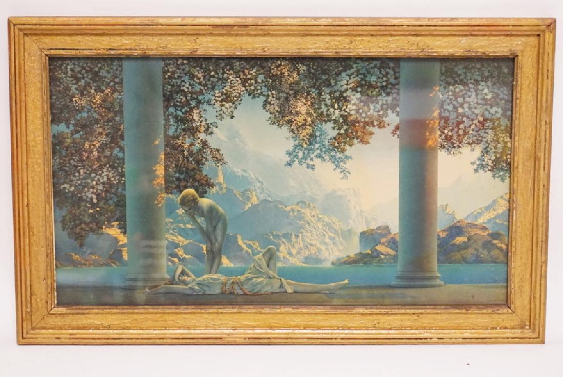 MAXFIELD PARRISH MEDIUM DAYBREAK.ORIGINAL PRINT, FRAME: MAXFIELD PARRISH MEDIUM DAYBREAK.ORIGINAL PRINT, FRAME PAINTED GOLD. 17 ½ X 9 ½ IN