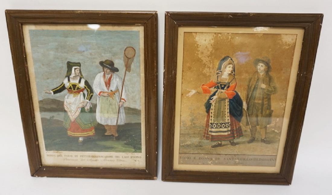 PAIR OF EARLY HAND COLORED ITALIAN PRINTS. ONE HAS SOME (1 of 3)