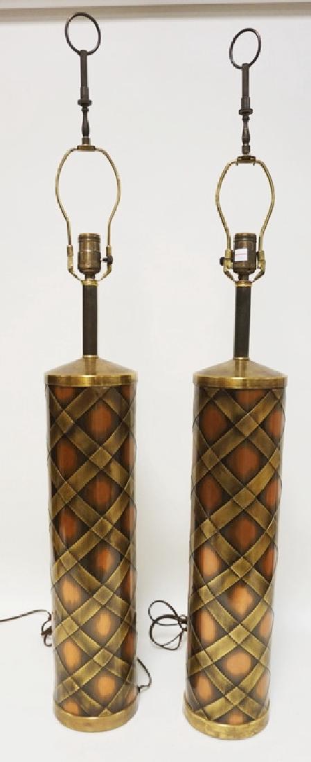 PAIR OF MCM COPPER AND BRASS CYLINDRICAL TABLE LAMPS. (1 of 2)