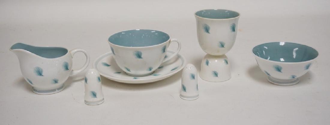 SUSIE COOPER *WHISPERING GRASS* PORCELAIN. CUP, SAUCER,: SUSIE COOPER *WHISPERING GRASS* PORCELAIN. CUP, SAUCER, EGG CUP, CREAM, SUGAR, AND A SALT & PEPPER. TALLEST PIECE IS 3 3/4 INCHES.