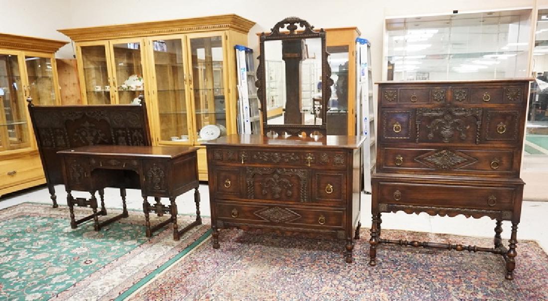 6 PIECE CARVED OAK BEDROOM SET. CARVED WITH URNS, (1 of 6)