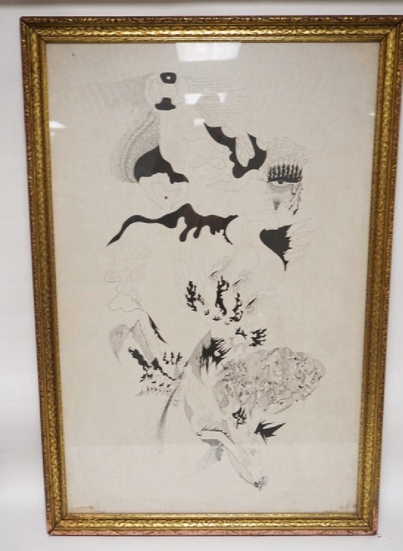 RICHARD MANN INK DRAWING ON FABRIC. 28 X 43 1/2 INCHES.: RICHARD MANN INK DRAWING ON FABRIC. 28 X 43 1/2 INCHES.