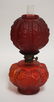 MINIATURE RED SATIN GLASS OIL LAMP WITH MOLDED RUFFLED