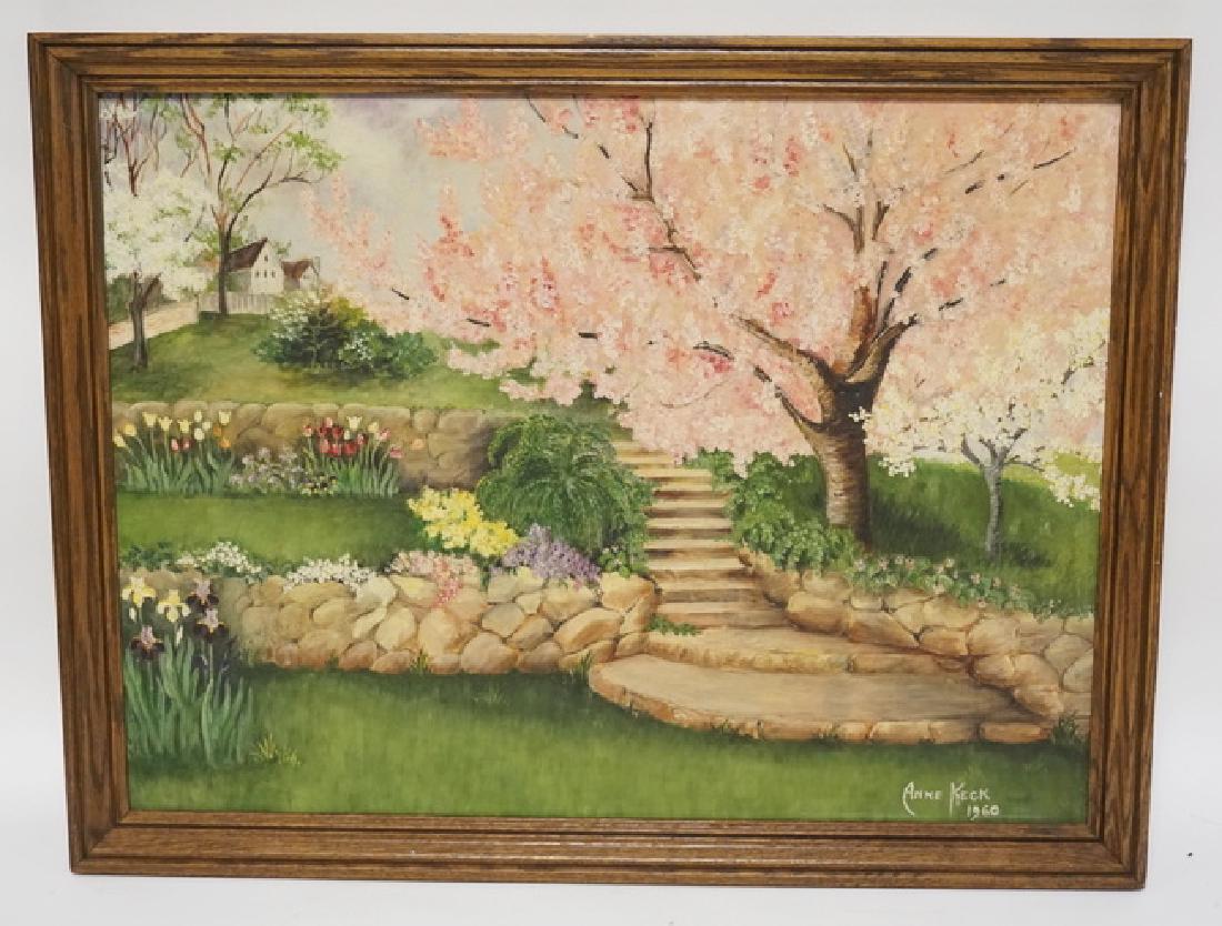 ANNE KECK OIL PAINTING ON BOARD OF A LANDSCAPED YARD: ANNE KECK OIL PAINTING ON BOARD OF A LANDSCAPED YARD WITH STONE WALLS, FLOWES, AND A FLOWERING TREE. DATED 1960. 23 1/4 X 17 1/2 INCHES.