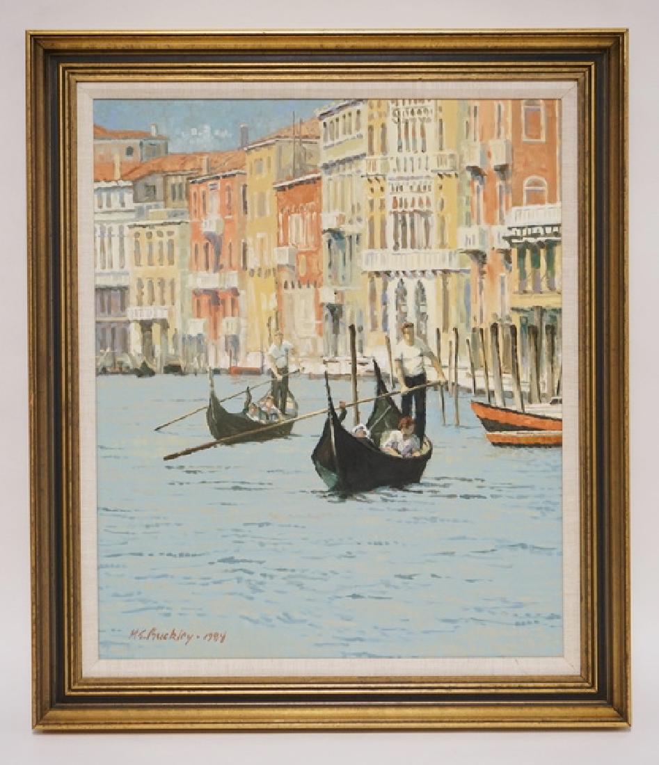 HARRY E. BUCKLEY OIL PAINTING ON BOARD TITLED *VENETIAN: HARRY E. BUCKLEY OIL PAINTING ON BOARD TITLED *VENETIAN SCENE* AND DATED 1984. 19 1/2 X 23 1/2 INCHES.