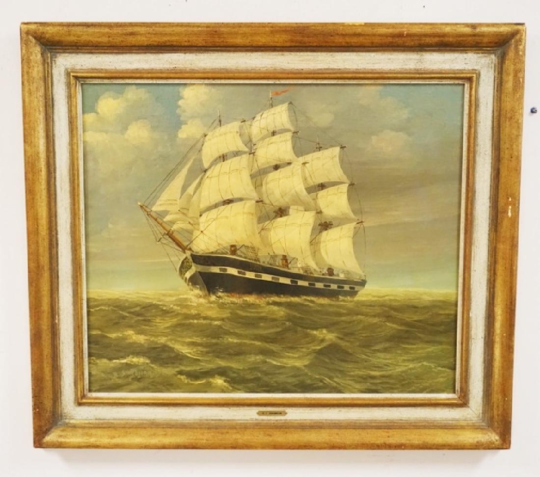 B.S. JOHANNSON OIL PAINTING ON CANVAS OVER BOARD OF A: B.S. JOHANNSON OIL PAINTING ON CANVAS OVER BOARD OF A CLIPPER SHIP AT SEA. 23 1/2 X 19 1/2 INCH SIGHT SIZE. SIGNED LOWER LEFT.