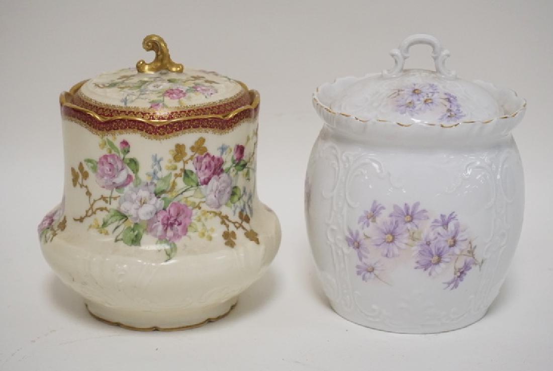 LOT OF 2 HAND PAINTED PORCELAIN BISCUIT JARS. ONE IS (1 of 1)