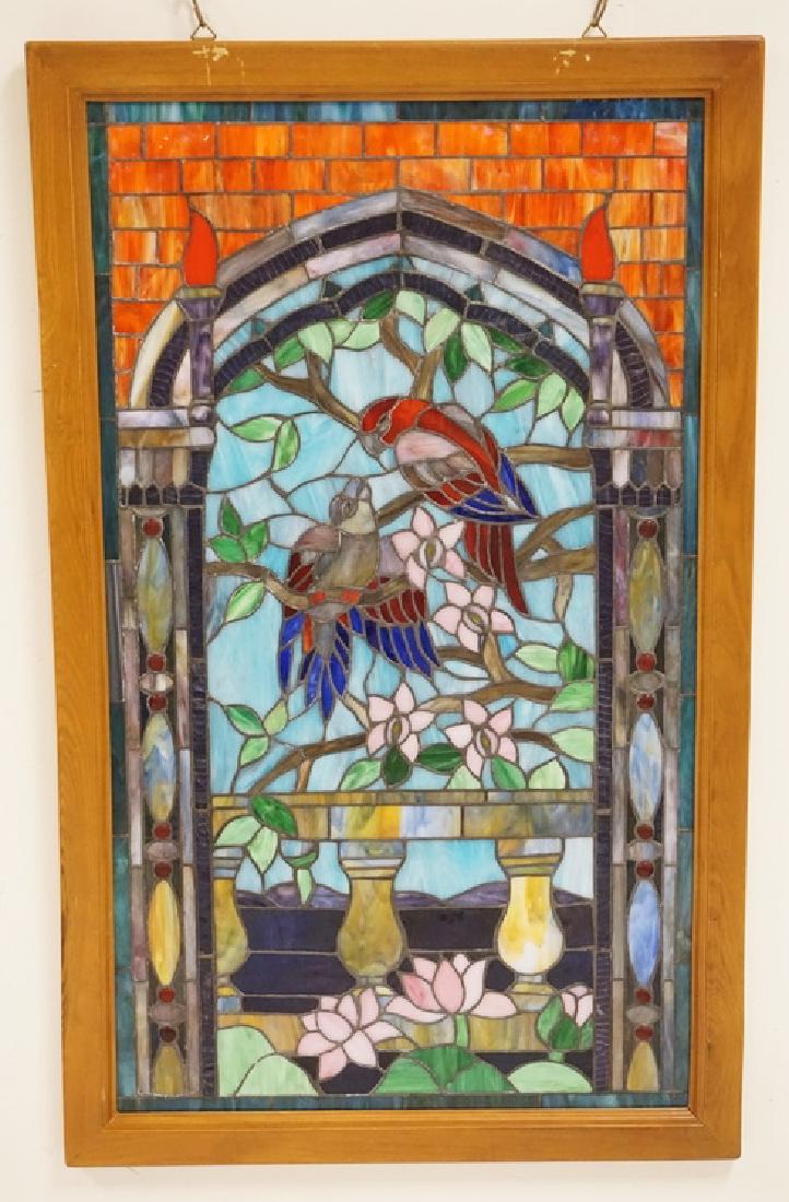 LEADED GLASS WINDOW WITH BIRDS AND FLOWERS. 22 1/2 X 37 (1 of 2)