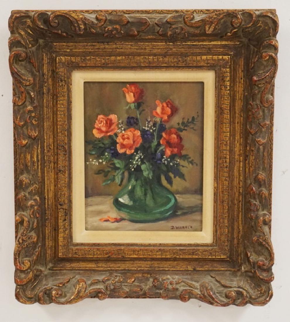 OIL PAINTING ON BOARD. STILL LIFE OF FLOWERS IN A VASE.: OIL PAINTING ON BOARD. STILL LIFE OF FLOWERS IN A VASE. SIGNED LOWER RIGHT *D. WARREN*. 7 1/4 X 9 1/2 INCH SIGHT SIZE.