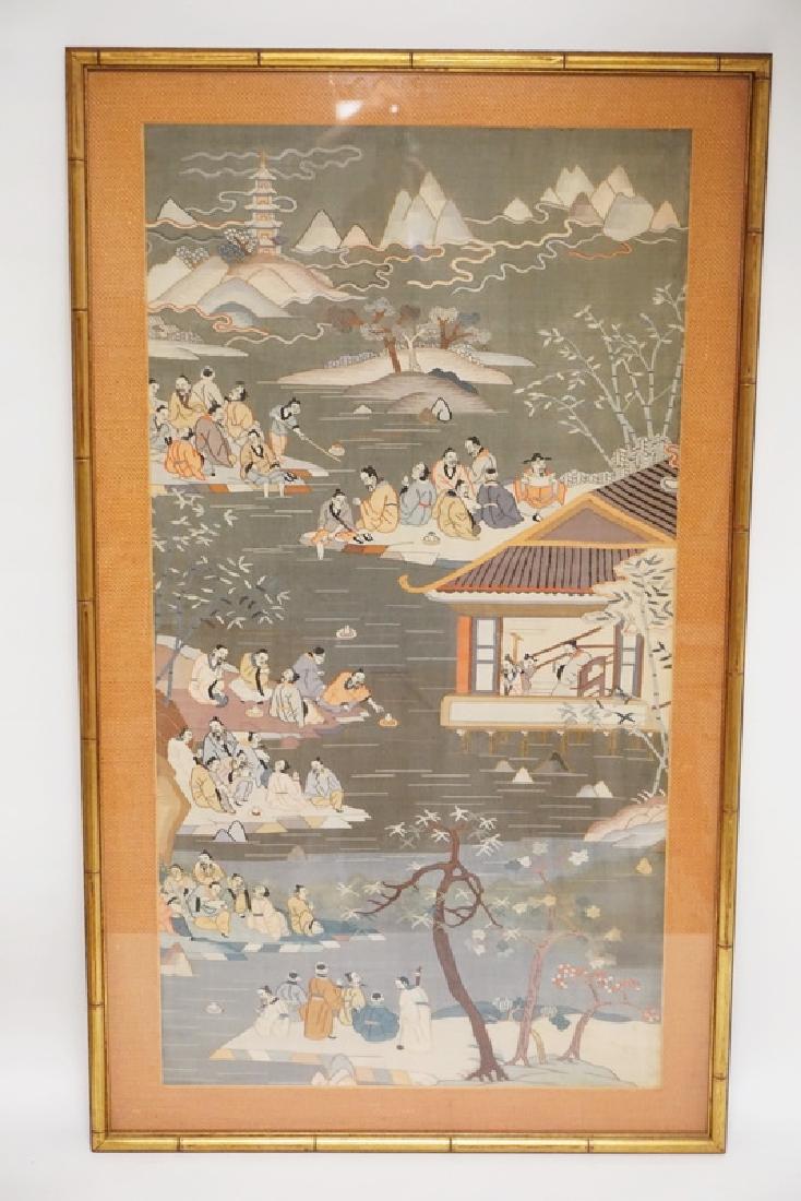 FRAMED ASIAN FABRIC PANEL DEPICTING FIGURES AMONGST A (1 of 1)