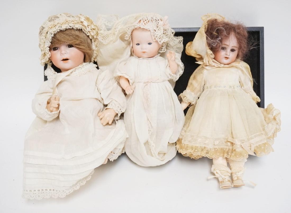 GROUP OF 3 GERMAN BISQUE HEAD DOLLS. TALLEST IS 10 1/2 (1 of 2)