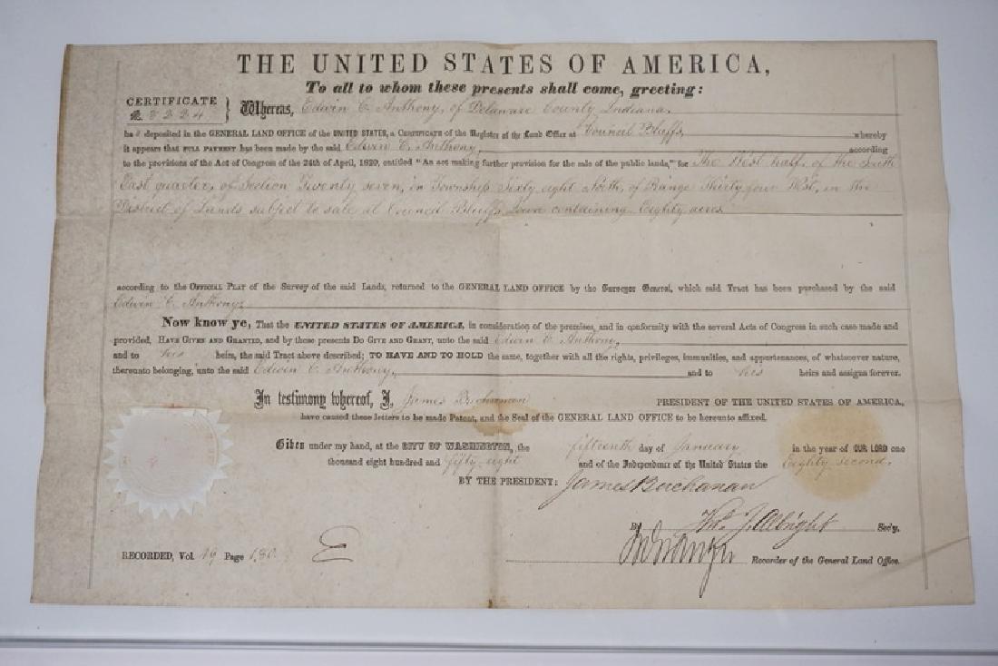 1858 LAND GRANT FOR EDWIN C. ANTHONY OF DELAWARE COUNTY (1 of 2)