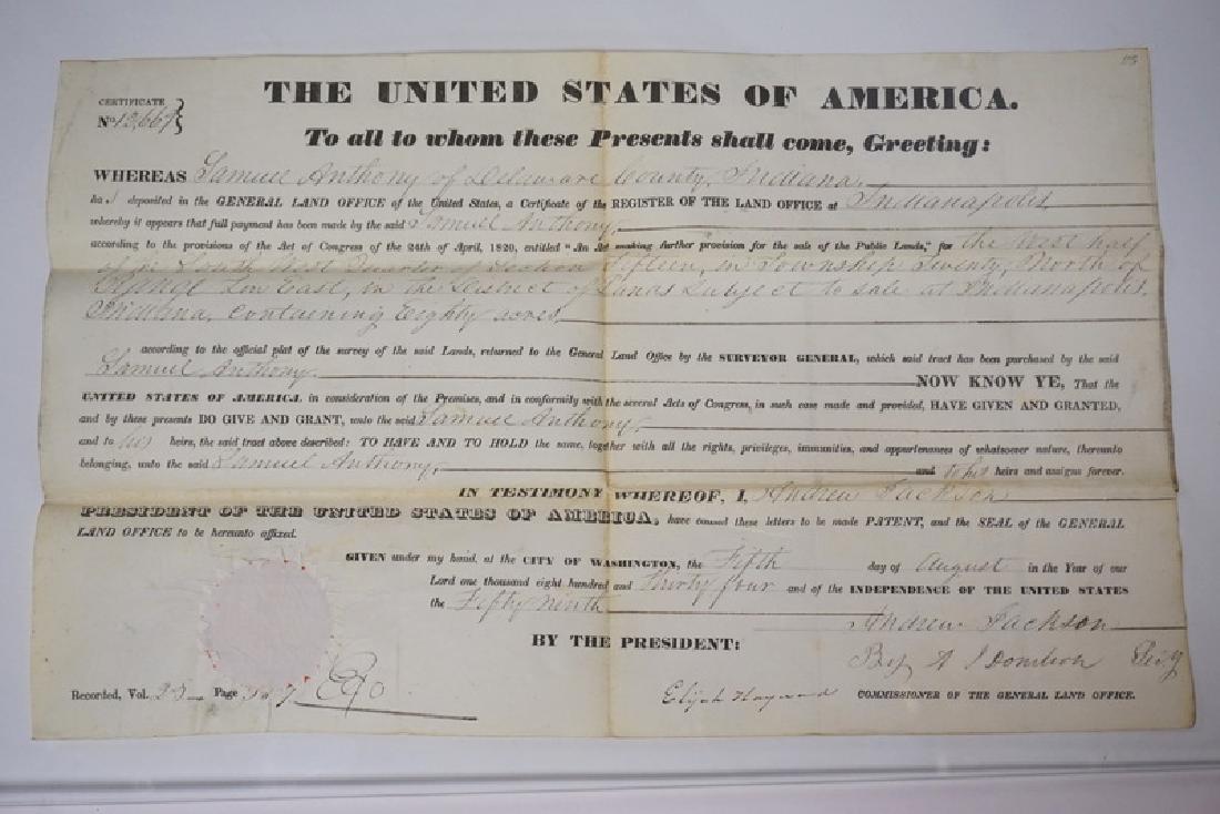 1834 LAND GRANT FOR SAMUEL P. ANTHONY OF DELAWARE (1 of 2)