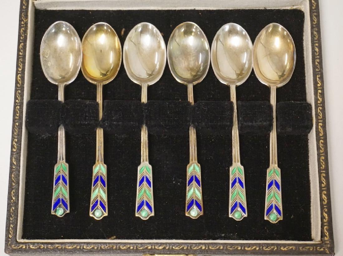 SET OF 6 ENGLISH ENAMELED STERLING SILVER SPOONS (1 of 2)