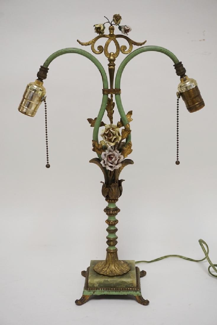 IRON & ONYX TABLE LAMP ADORNED WITH PORCELAIN FLOWERS (1 of 5)