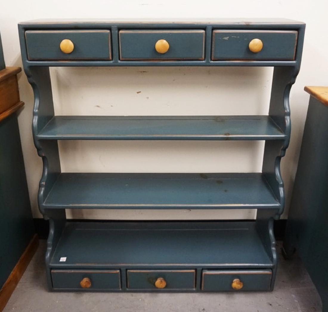 COUNTRY STYLED HANGING SHELF. PINE WITH BLUE PAINT. 37 (1 of 1)