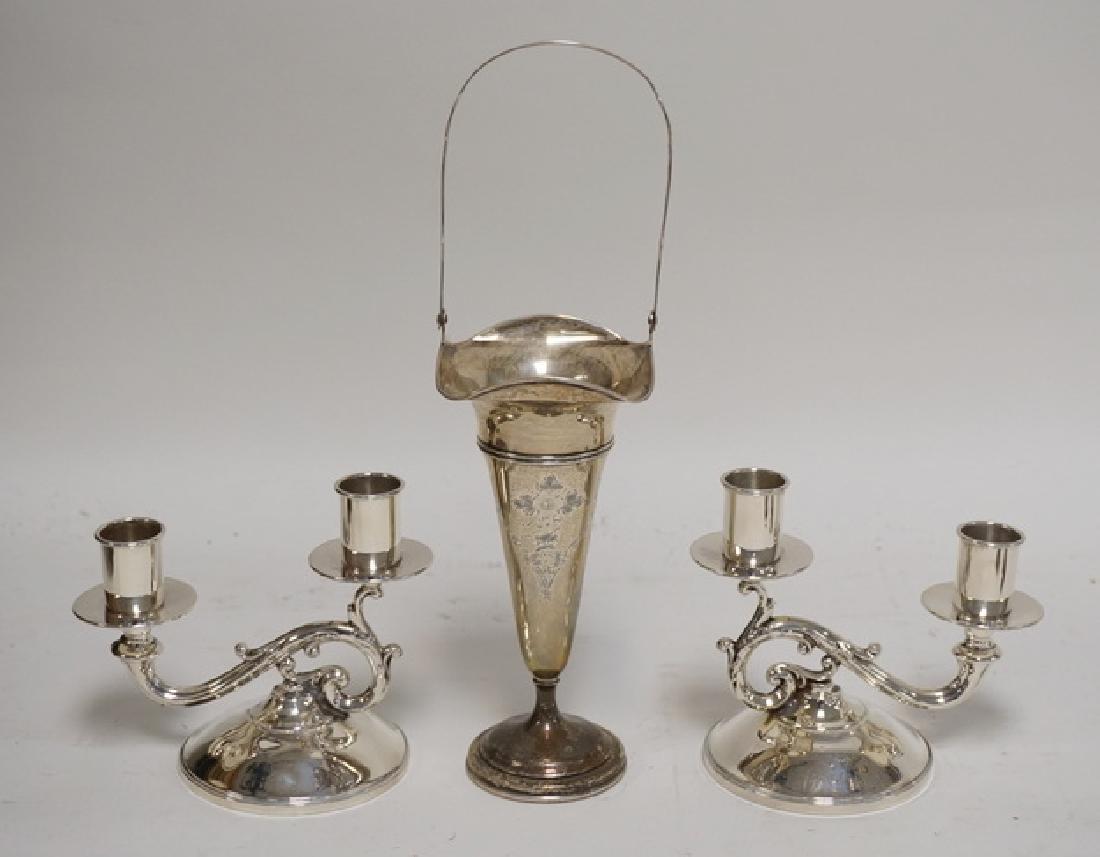 3 PIECES OF WEIGHTED STERLING SILVER. A HANDLED VASE (1 of 3)