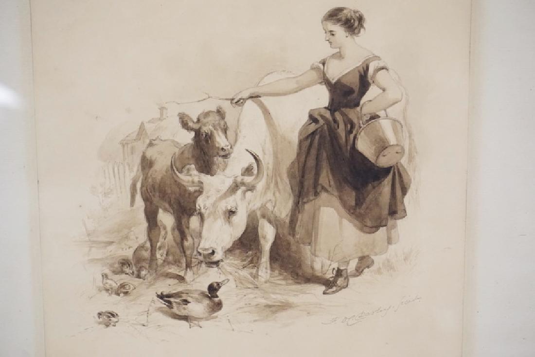 FELIX OCTAVIOUS CARR DARLEY WATERCOLOR PAITNING OF A: FELIX OCTAVIOUS CARR DARLEY WATERCOLOR PAITNING OF A WOMAN TENDING TO COWS AND DUCKS. SIGNED LOWER RIGHT. 9 1/4 X 10 3/4 INCH SIGHT SIZE.