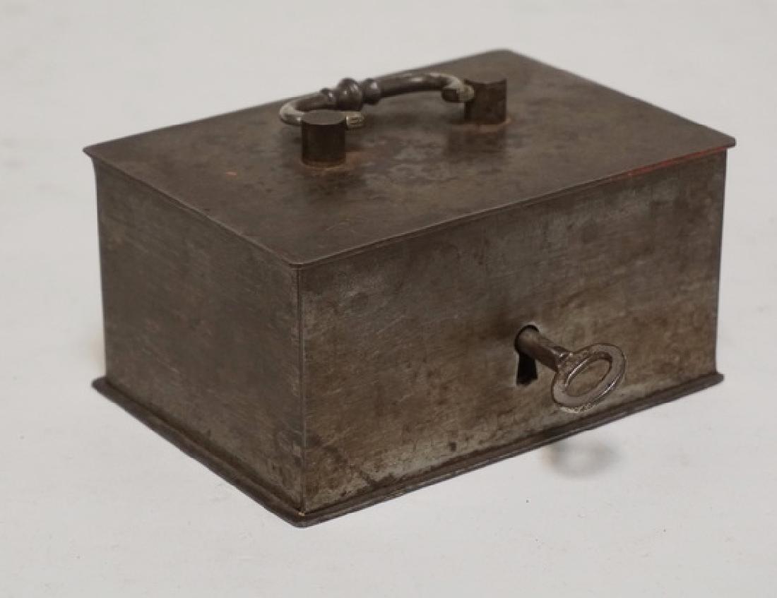 ANTIQUE STEEL CASH BOX WITH KEY. 5 1/2 X 3 7/8 AND 2 (1 of 2)