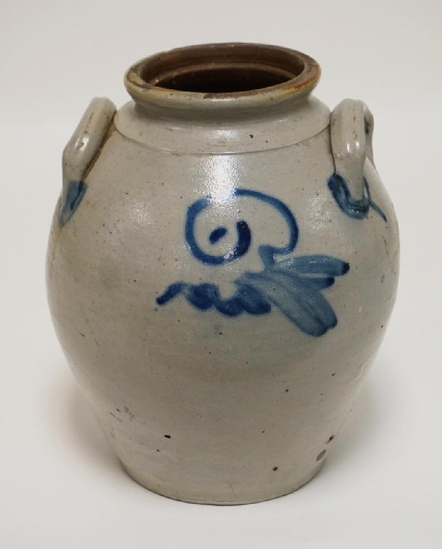 OVOID STONEWARE CROCK. STYLIZED BLUE DECORATION WITH 2 (1 of 2)