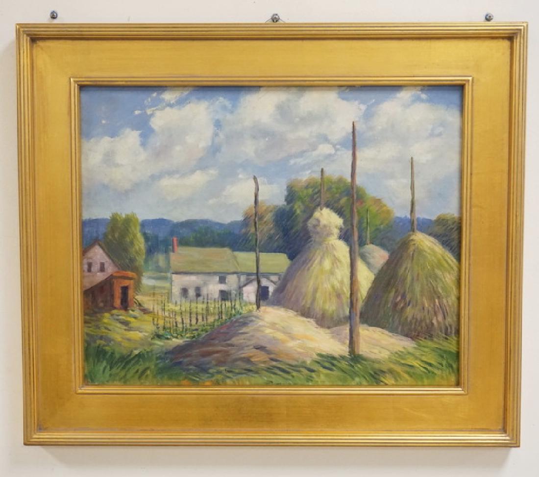DR. LAWRENCE GEORGE BEISLER (1896-1991) OIL PAINTING OF: DR. LAWRENCE GEORGE BEISLER (1896-1991) OIL PAINTING OF COUNTRY HOMES WITH HAY DOMES AND TREES. 19 1/2 X 15 1/2 INCH SIGHT SIZE. MR. BEISLER WAS A NEW JERSEY SURGEON WHO SERVED AS A DOCTOR IN THE NAVY