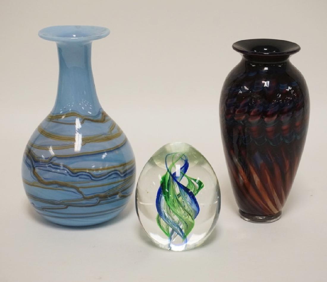 3 PIECE LOT OF ART GLASS. 2 ARTIST SIGNED VASES AND A (1 of 1)