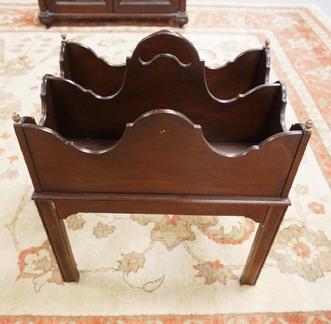 HECKMAN MAHOGANY CANTERBURY WITH BRASS ACRORN FINIALS: HECKMAN MAHOGANY CANTERBURY WITH BRASS ACRORN FINIALS AND CHIPPENDALE STYLE LEGS. 20 X 14 AND 23 1/2 INCHES HIGH.