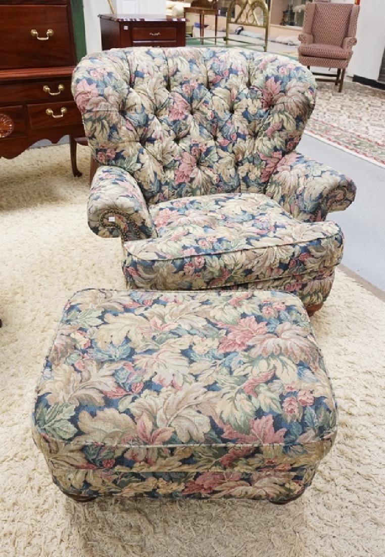 BROYHILL FLORAL UPHOLSTERED LOUNGE CHAIR AND OTTOMAN.