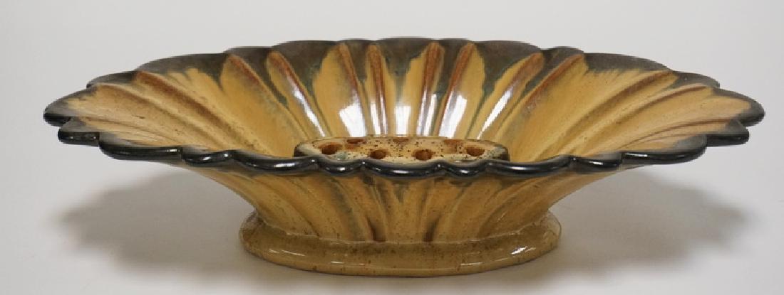 FULPER ART POTTERY BOWL WITH A MATCHING FLOWER FROG. 16: FULPER ART POTTERY BOWL WITH A MATCHING FLOWER FROG. 16 3/8 X 10 1/8 INCHES OVAL. 3 1/2 INCHES HIGH.