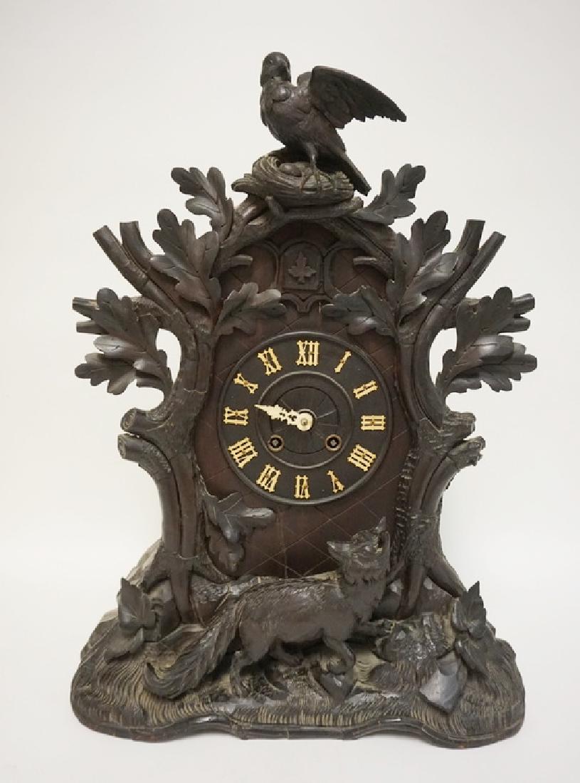 HEAVILY CARVED BLACK FOREST WALNUT CLOCK WITH BIRD, (1 of 6)