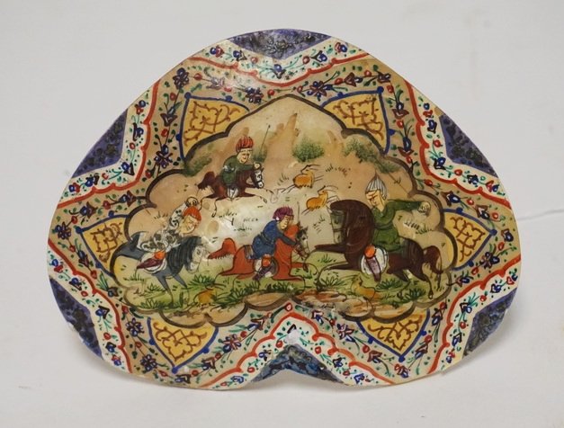 CARVED AND PAINTED MOP SHELL WITH HUNTING SCENE. HAS A (1 of 2)