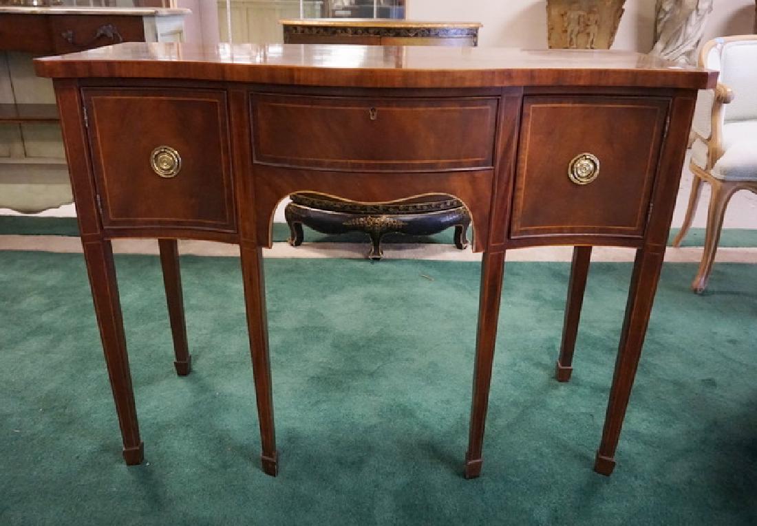 BAKER *HISTORIC CHARLSTON* MAHOGANY SERVER WITH LINE: BAKER *HISTORIC CHARLSTON* MAHOGANY SERVER WITH LINE INLAY AND A BOOK MATCHED FLAME MAHOGANY TOP. 42 INCHES WIDE. 33 INCHES HIGH.