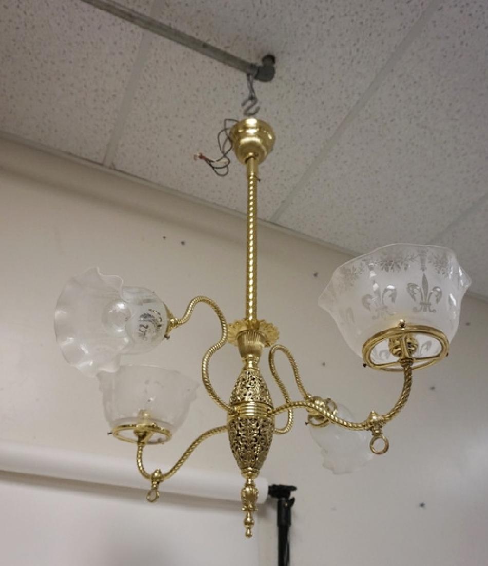 BRASS HANGING LIGHT FIXTURE. 4 LIGHTS WITH ETCHED (1 of 1)