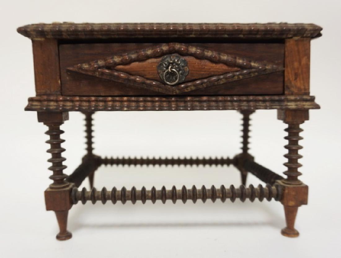 CARVED ROSEWOOD MINIATURE ONE DRAWER CHEST WITH TURNED (1 of 3)